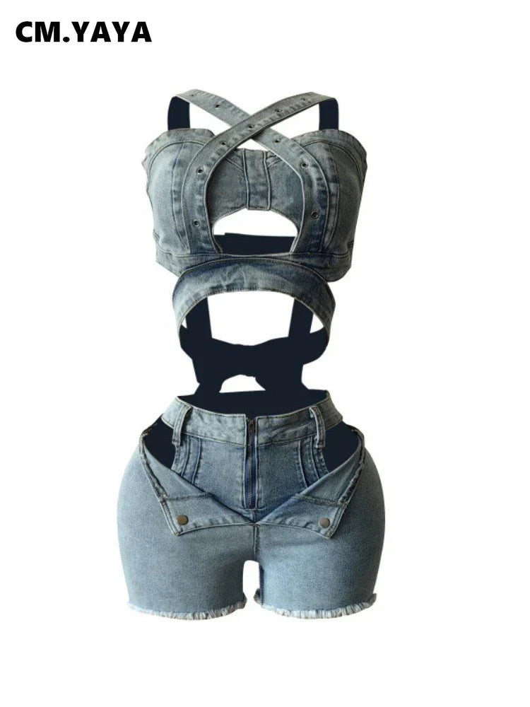 Sexy Holiday Denim Women's Set Halter Neck Crop Tops and Ripped Out Shorts Jeans 2025 Summer Two 2 Piece Sets Outfit