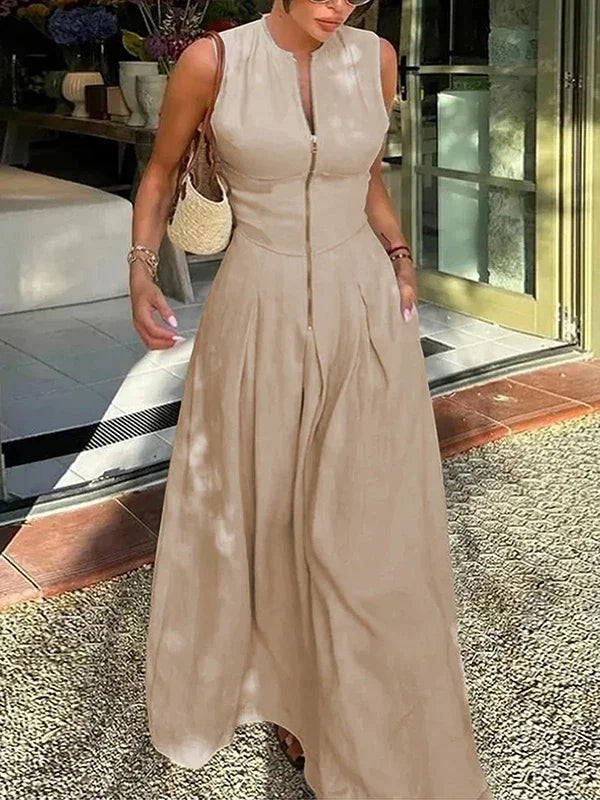 UOOZEE Office Lady Commute Pleated A-line Dress 2025 New Summer Fashion Solid Color Sleeveless Zipper Evening Maxi Dresses