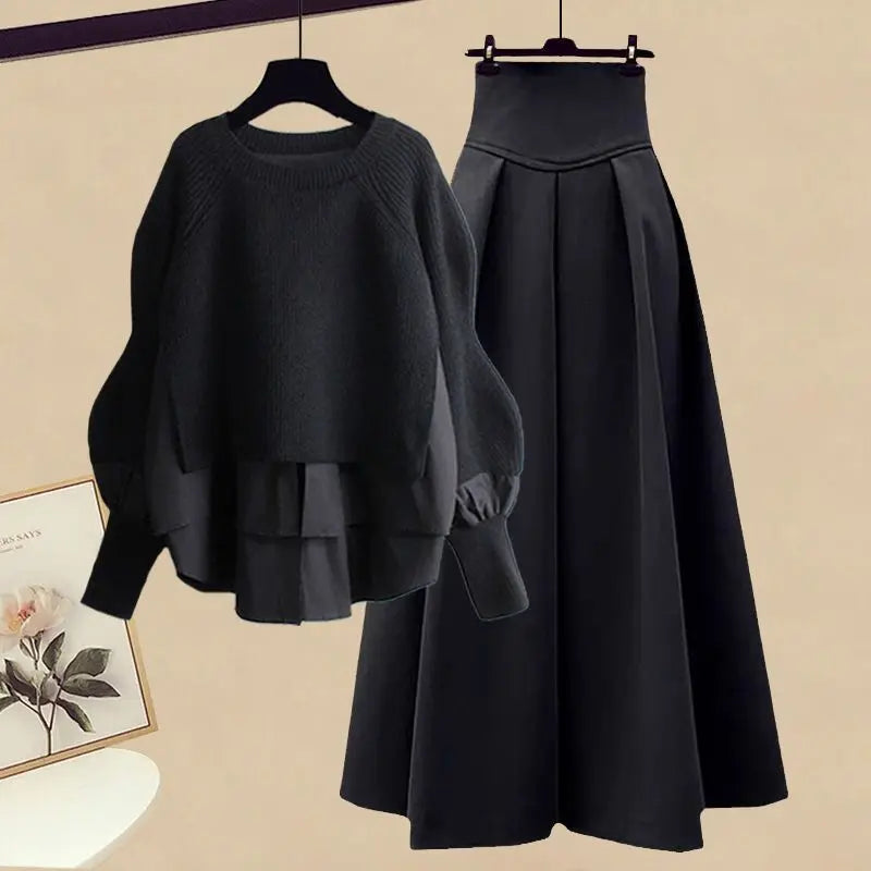 Elegant Splice Pullover Set/Two Piece Knitted Sweater Dress/Matching Chic Pullover Skirt Set.
