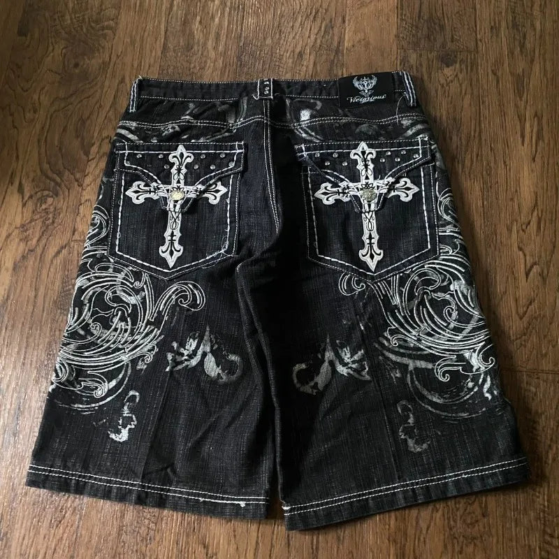 Graphic Printed Gothic Baggy Jean Shorts