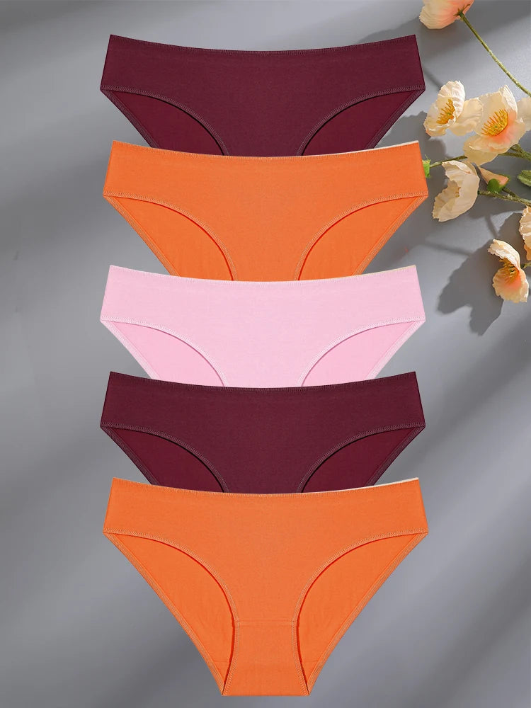 FINETOO 5PCS Set Women's Cotton Lingerie Panties S-XL Sexy Solid Color Underwear Briefs