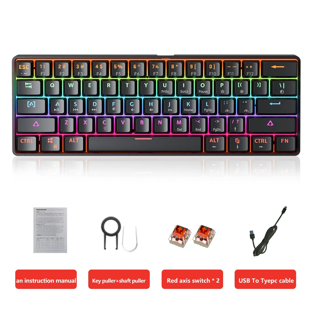 MUCAI MK61 USB Gaming Esports Mechanical Keyboard 61 Key Red Axis Wired Detachable Cable RGB Backlight Hot Swap