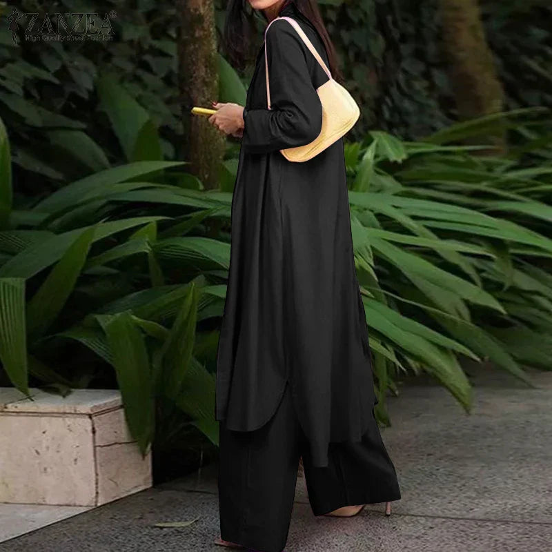 Women's Two Piece Pant Set With Wide Leg Pants And Long Sleeve Shirt