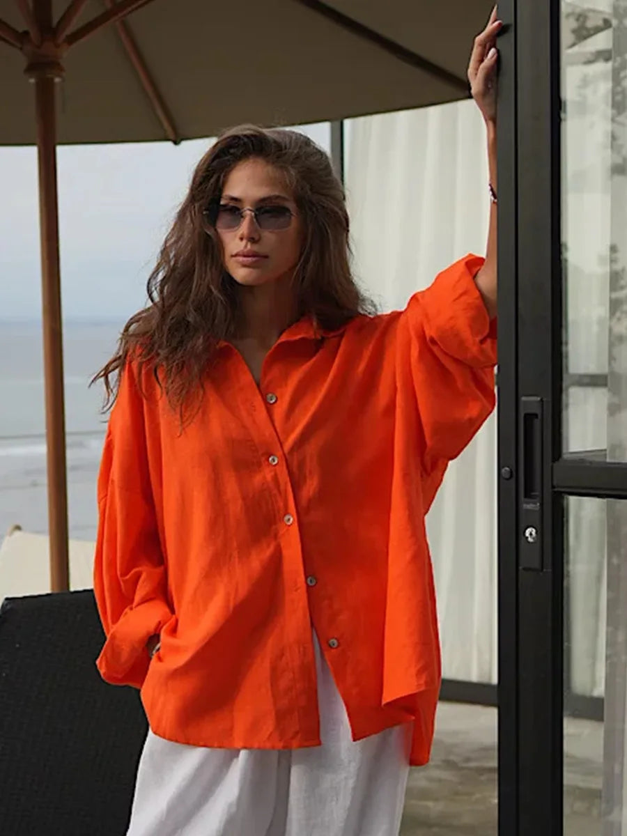 Bornladies 100% Cotton Spring Summer Versatile Lazy Casual Shirt Women's Fashionable Solid Color Loose Shirt Cardigan Shirt