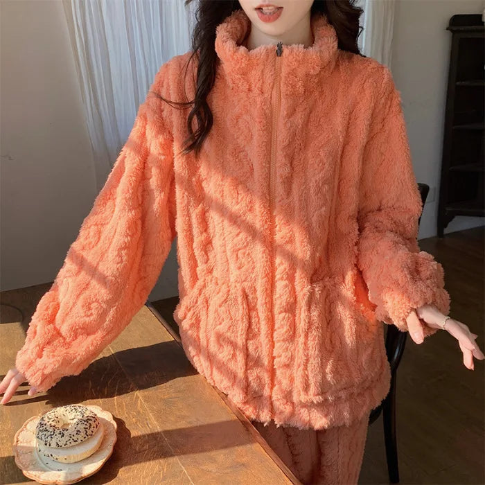Large Size Flannel Pajamas Set Autumn Winter Female Sleepwear Trouser Suit Thicken Coral Fleece High Collar Lounge Wear Homewear