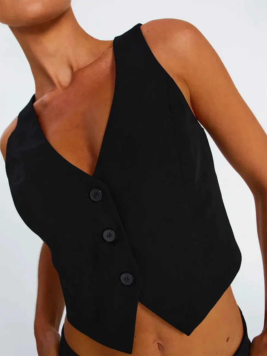 Women's Fashion Black Sleeveless Vests Casual V Neck Button Waistcoat Formal Business Tuxedo Shirt Slim Fit Cropped Blazer Vests