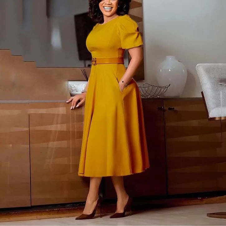 Elegant African Dresses For Women O Neck Short Sleeve Belt Waisted Pleated Mid Calf Fashion Female Birthday Party Dinner Dress