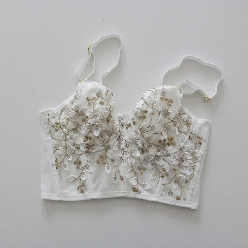 3D Embroidered Sexy Lace Fish Bone Corset Bralette with Steel Ring - 2/1 Half Cup Underwear