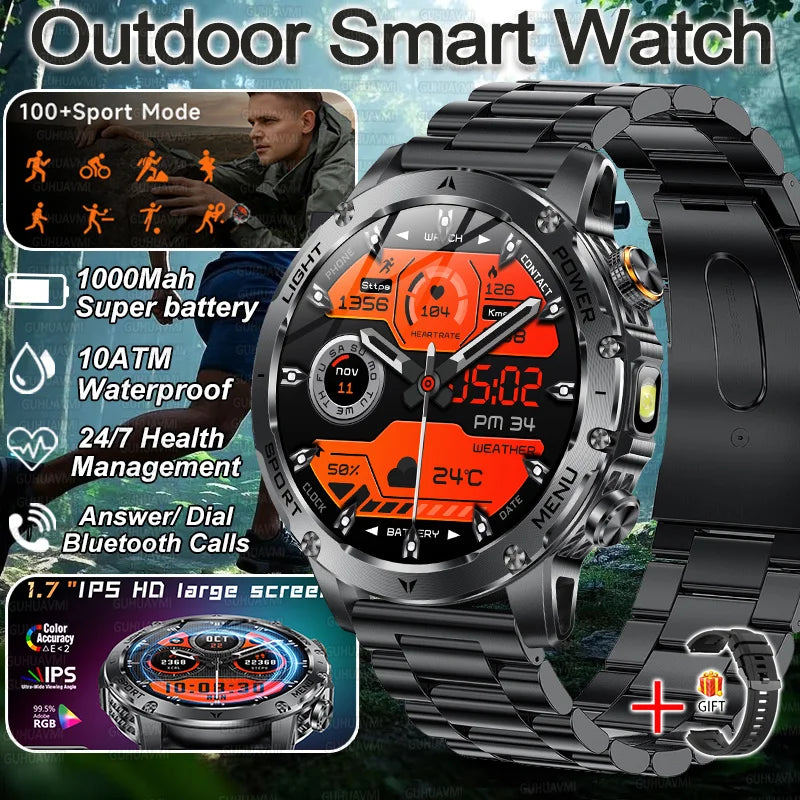 2025 New Military Smart Watch 1000Mah Battery Fitness Tracking 10ATM Waterproof Tactics Sport Flashlight call Bracelet For Men
