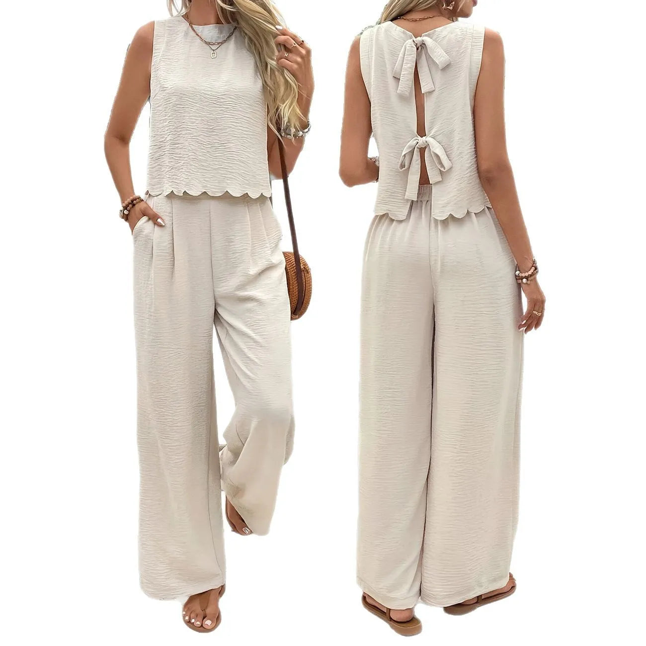 Casual set, wide pants, sleeveless blouse, open back with tie, detail on the hem of the blouse