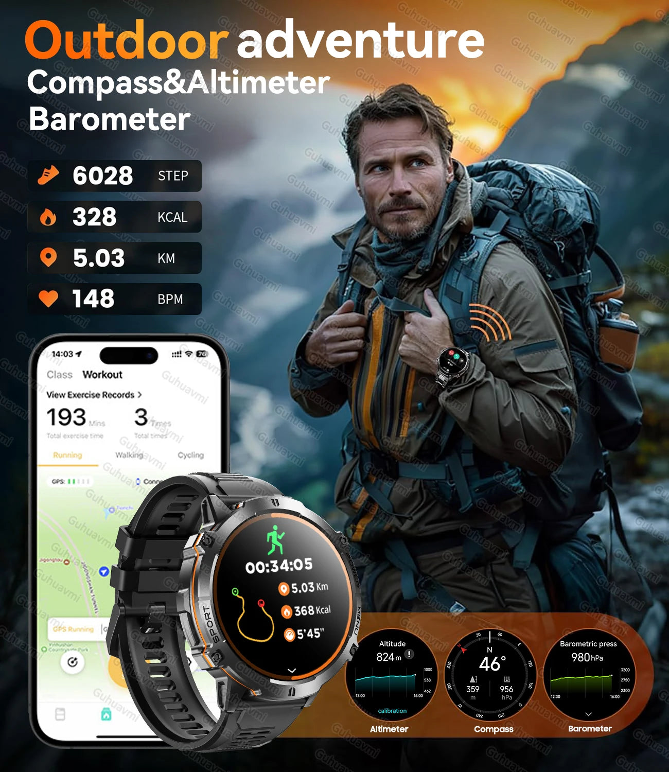 New T-REX3 Outdoor Smart Watch 1.73 inch AMOLED 1000mAh Large Battery Compass 10ATM Waterproof Call Sports Men Fitness Bracelet