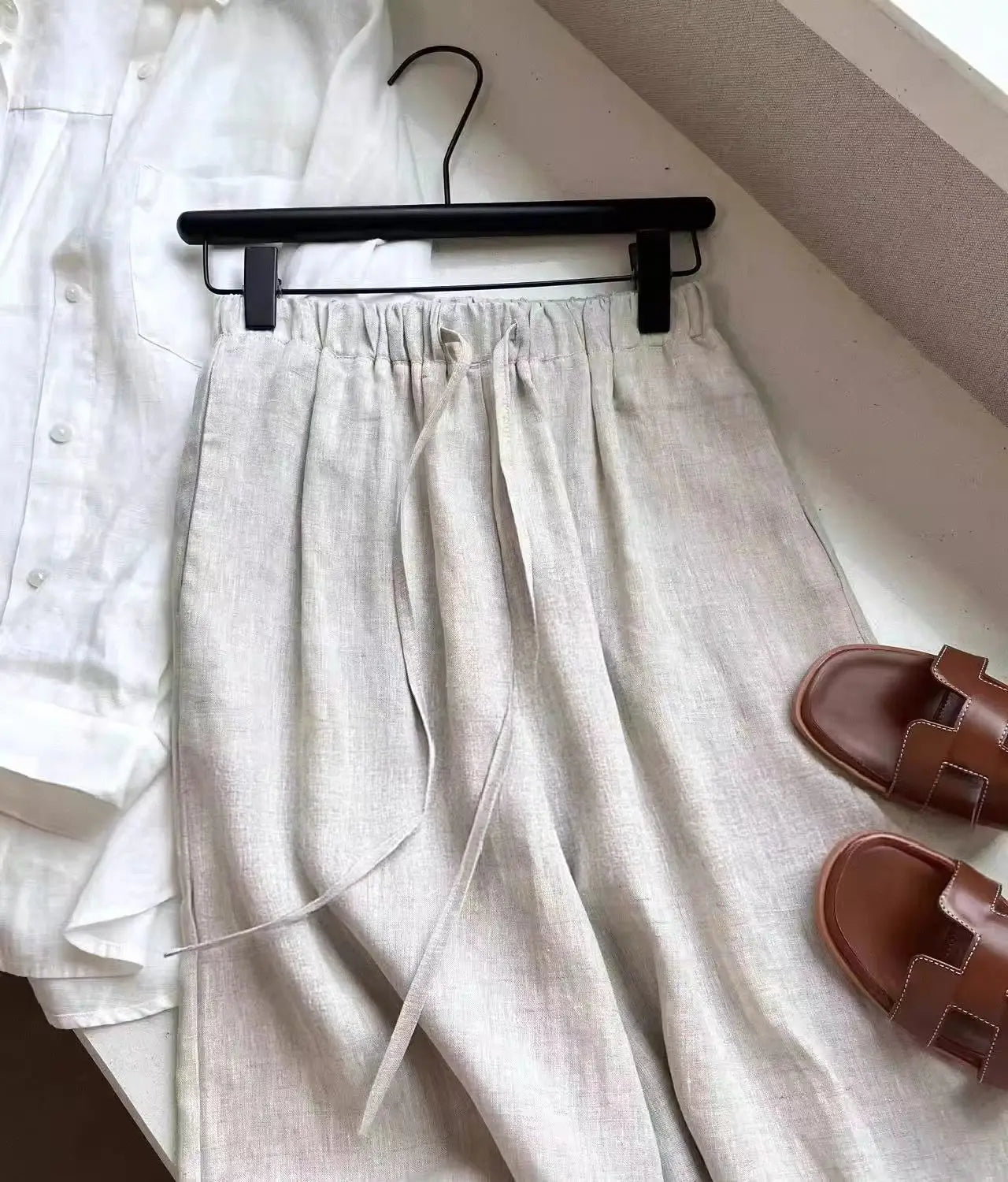 Slack Linen Wide-leg Pants Summer Loose Versatile Drawstring Straight White Casual Trousers Korean Fashion