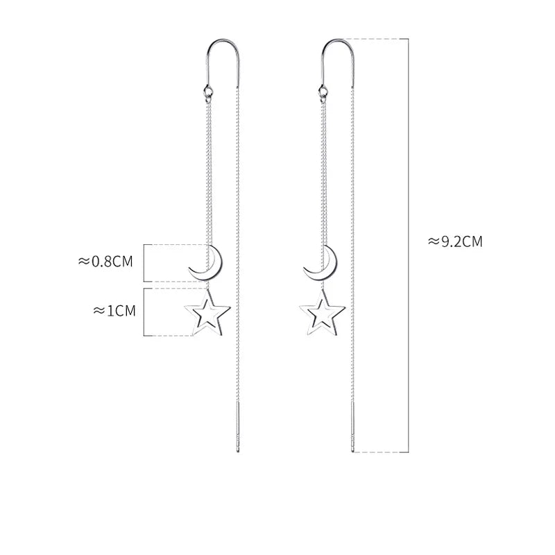 Sterling Silver Star Drop Earrings With Tassel Chain