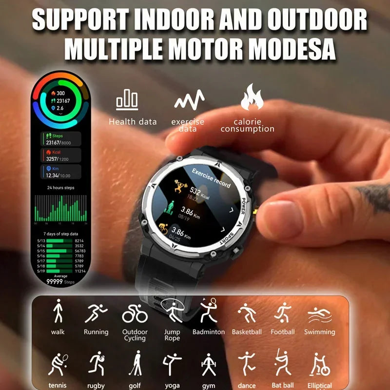 Outdoor Military Smartwatch Bluetooth Call Fitness Sports