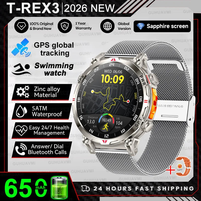 2026 New Military T-Rex 3 Ultra GPS Compass Smart Watch For Outdoor Sports 5ATM Waterproof Heart Rate 650mAh Battery Smart Watch
