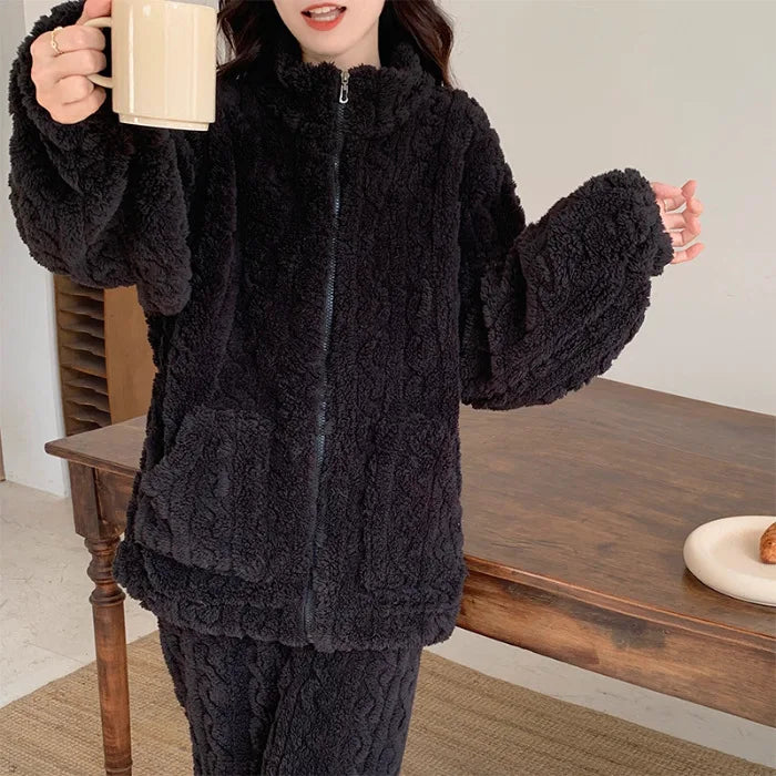 Large Size Flannel Pajamas Set Autumn Winter Female Sleepwear Trouser Suit Thicken Coral Fleece High Collar Lounge Wear Homewear