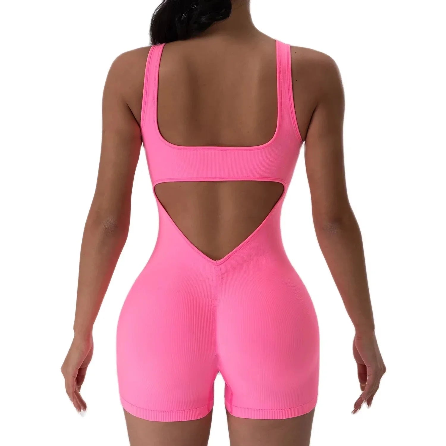 1PCS Backless Yoga Suit U Neck Sleeveless Sports Jumpsuit Solid Colour Threaded Stretch Women Bodysuit Without Bust Pads