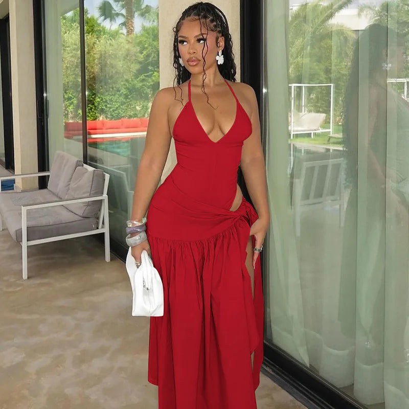 Elegant Women's Set Sleeveless Strap Bodysuit +Long Skirts Set Tracksuit Sexy Tie Up Two 2 Piece Set Outfits