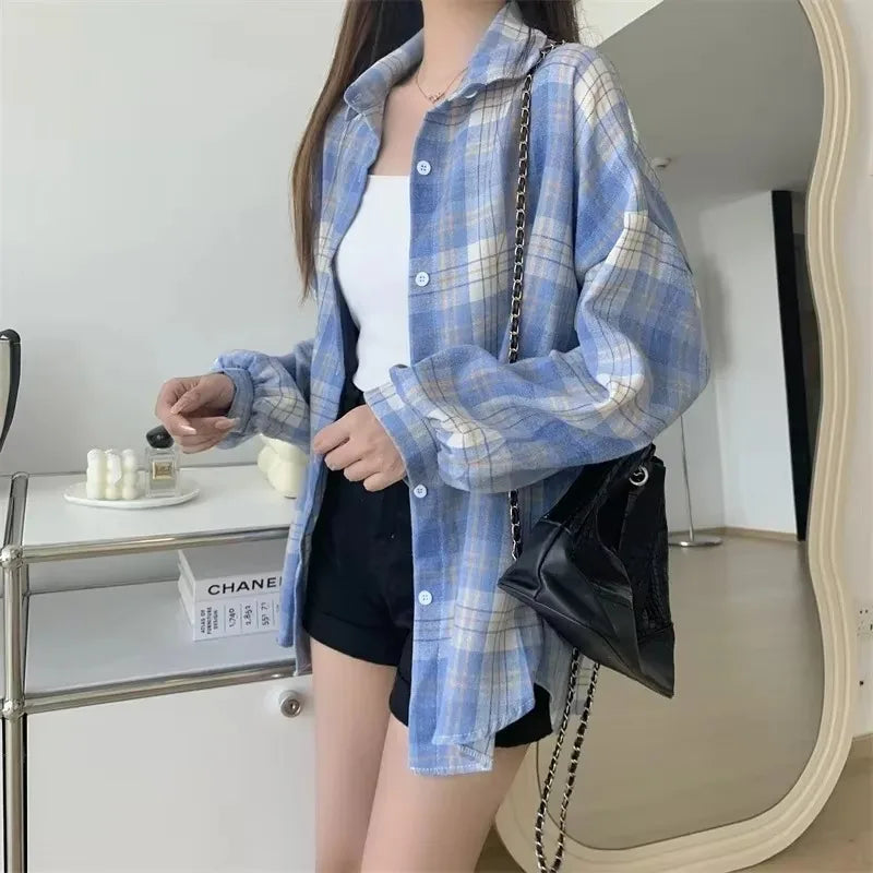 Women’s Plaid Shirt – Autumn Long Sleeve Vintage Loose Blouse, Casual Preppy Style Check Top