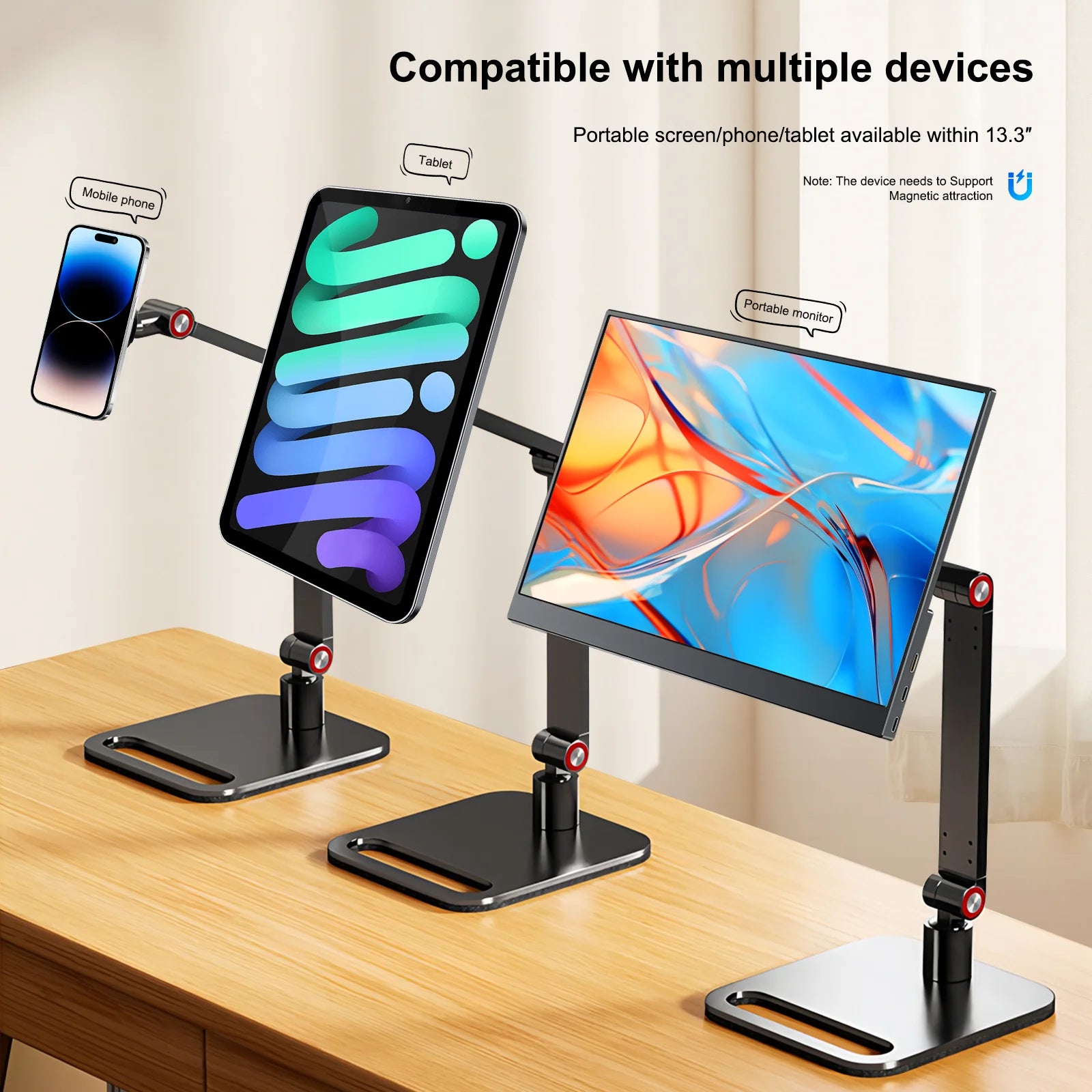 Magnetic 360° Rotating Phone Tablet Stand Aluminum Alloy 4.7-13.3" Portable Monitor Holder Strong Load Desktop Mount