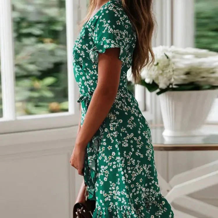 Boho Floral Print Ruffles Women Dress Summer Sexy V Neck Short Sleeve A Line Chiffon Mini Dresses Beach Vacation Sundress