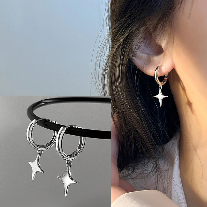 Sterling Silver Star Drop Earrings With Tassel Chain
