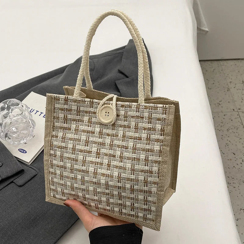 Retro Braided Pattern Jute Tote Bag Large Capacity Grocery Bag Women Handbag Beach Organizer Portable Shopping Bag Lunch Bag