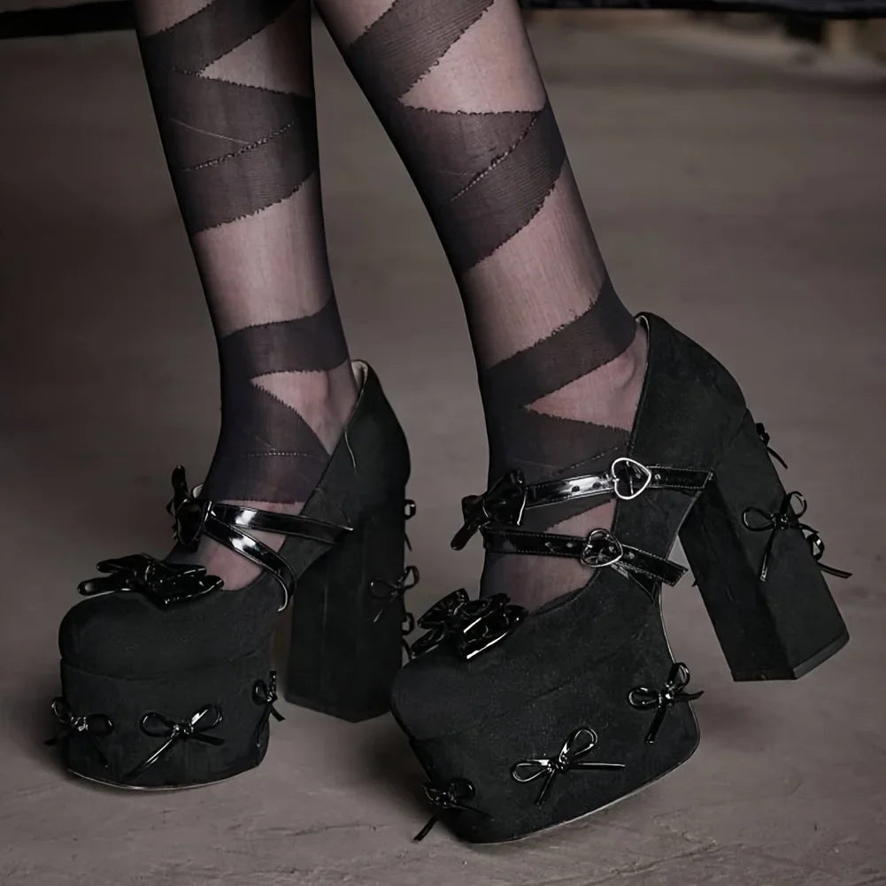 Womens Mary Jane Heels Black Platform Chunky Heels Goth Platform Shoes Chunky High Heel Mary Jane Heels Gothic Heels