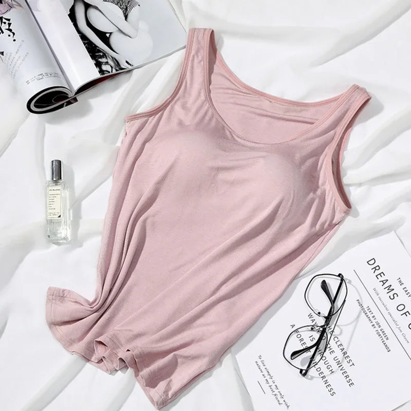 2023 Women's Vest Tops with Built In Bra Neck Vest Solid Color Padded Slim Fit Tank Tops Sexy Shirts Feminino Casual Tank Tops