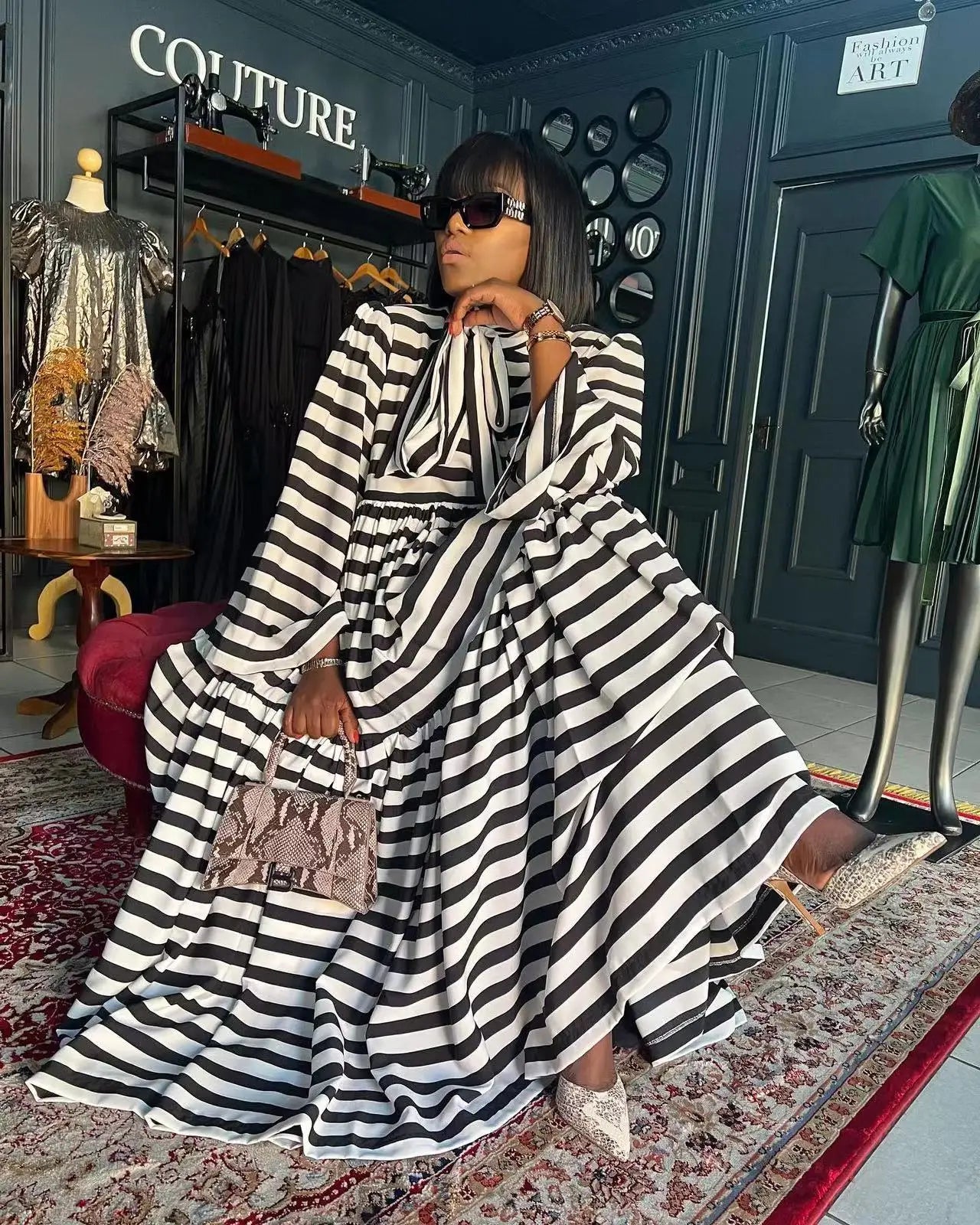 Vintage Women Striped Bowknot Collar Long Sleeve High Waist Big Swing Babydoll Maxi Long Dress New Vestidos Dresses