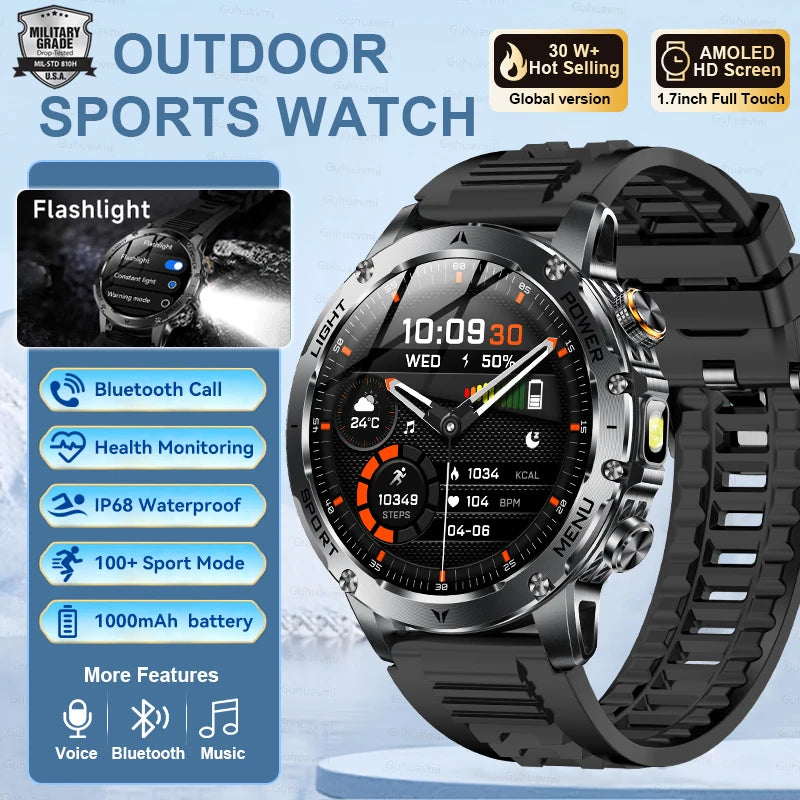 2025 T-REX3 1000mAh Large Battery Durable Adult Smart Watch GPS Strong Flashlight 10ATM Waterproof BT Call Sports Smartwatch Men