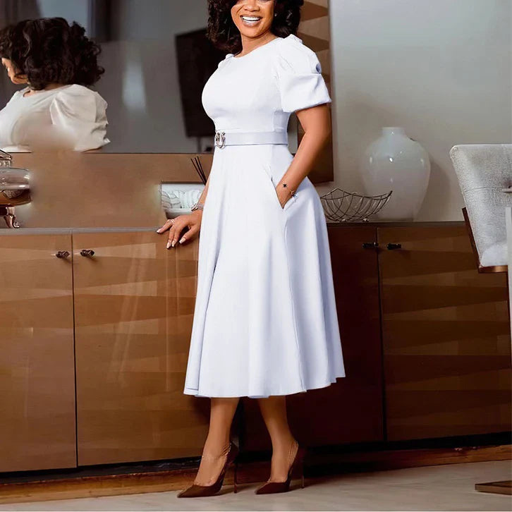 Elegant African Dresses For Women O Neck Short Sleeve Belt Waisted Pleated Mid Calf Fashion Female Birthday Party Dinner Dress