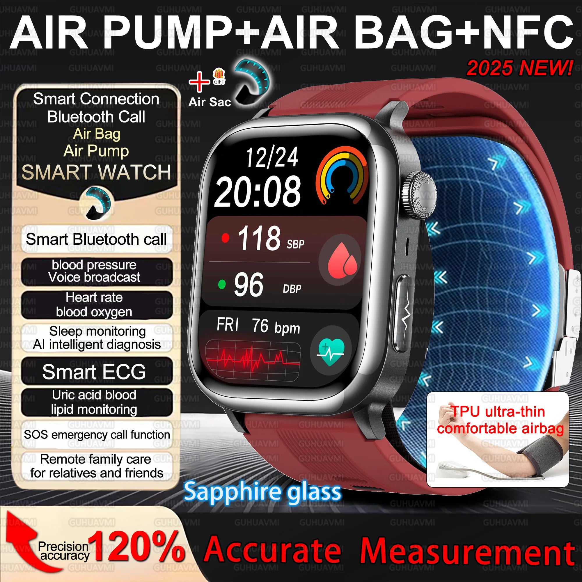 2025New Upgrade Air pump airbag Accurate Blood Pressure Measure Smart Watch ECG+HRV lipids Uric acid AI Diagnosis Smartwatch NFC