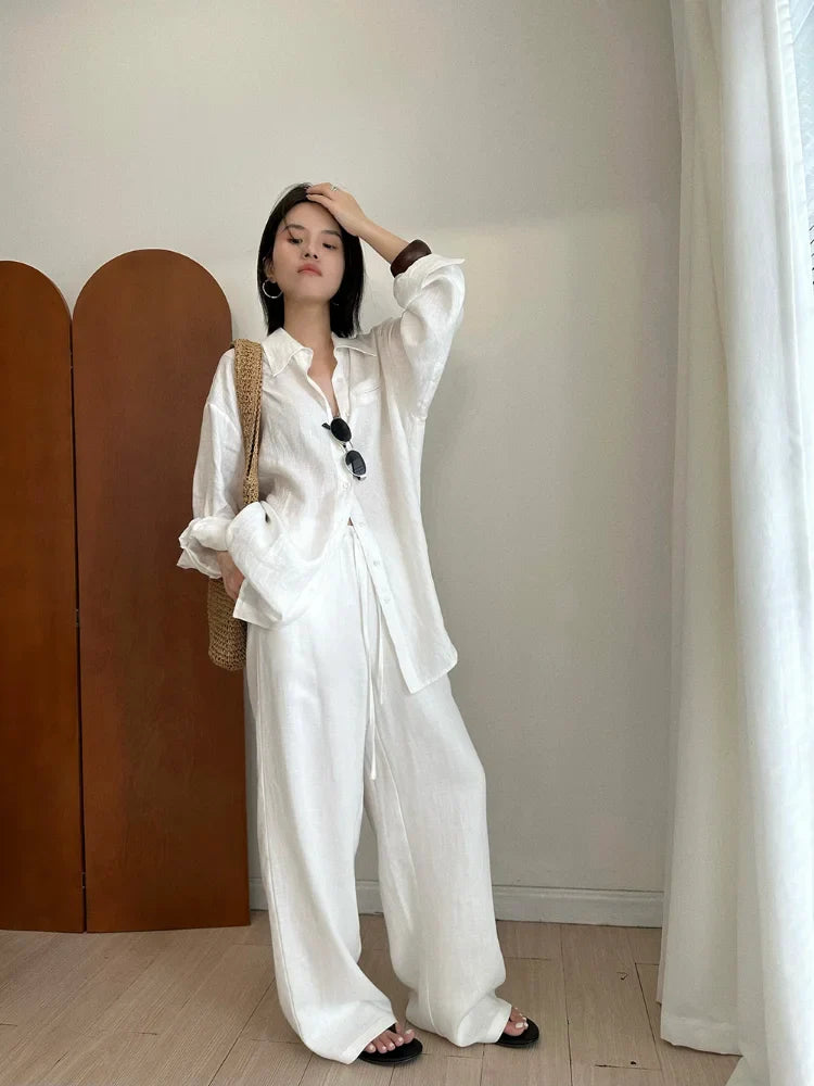 Slack Linen Wide-leg Pants Summer Loose Versatile Drawstring Straight White Casual Trousers Korean Fashion