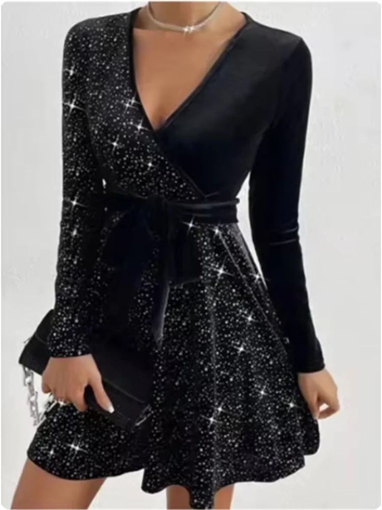 Women's V-neck Sexy Long Sleeved Sequined Solid Color Dress High Street Fashion Elegant Party Evening Dresses