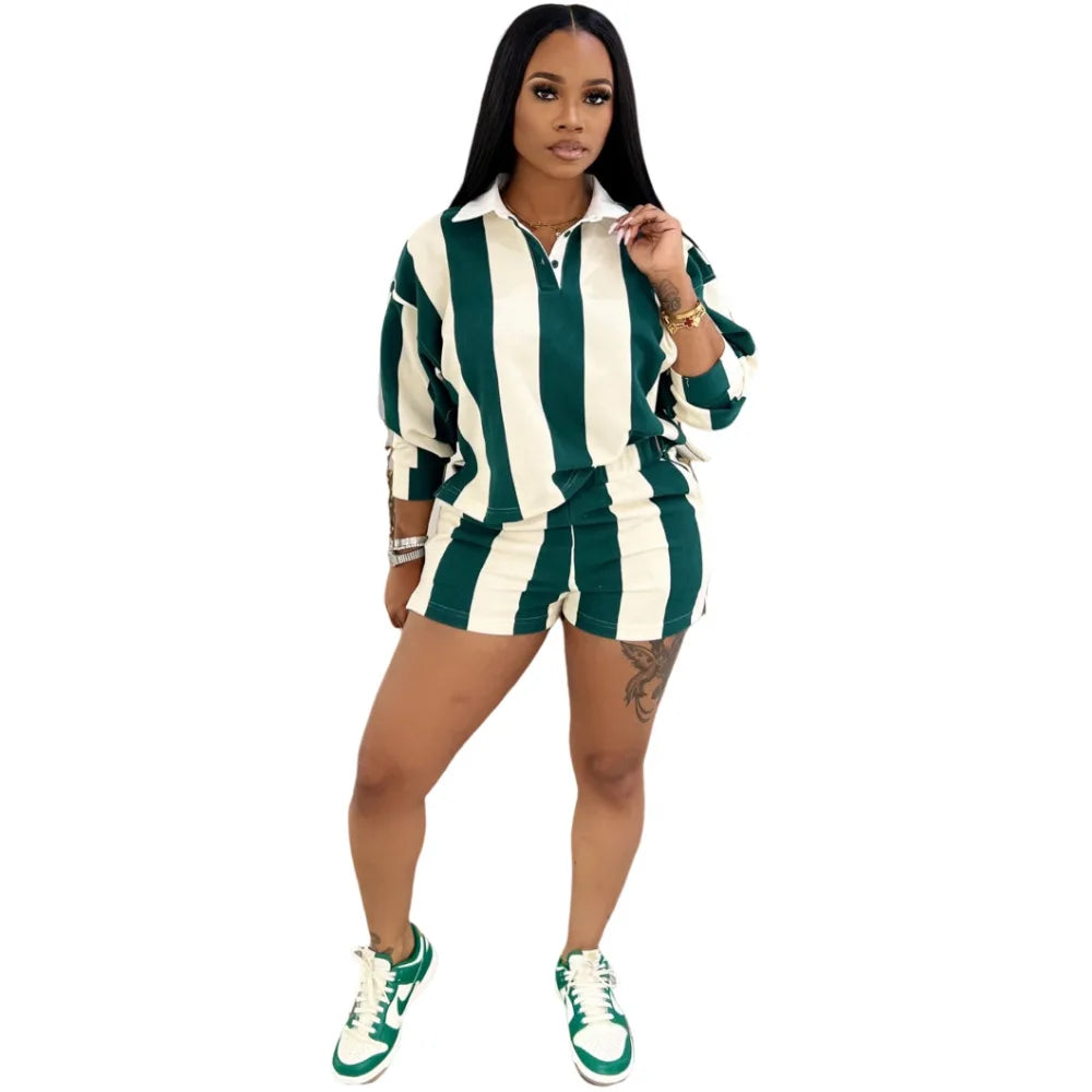 Striped Women's Set Pleated full Sleeve Turn-down Collar Polo-t-shirt and Shorts Two 2 Piece Sets Outfit Tracksuits