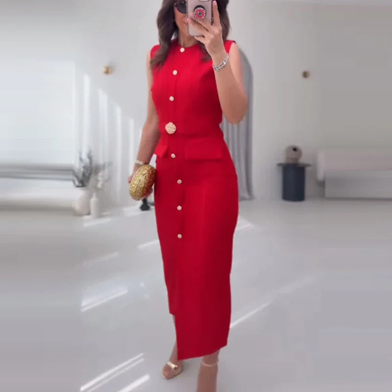 HXAO Red Black Women's Dress Sleeveless Casual Elegant Woman Party Dress Summer Belt Button Long Dresses Tank Midi Dress 088