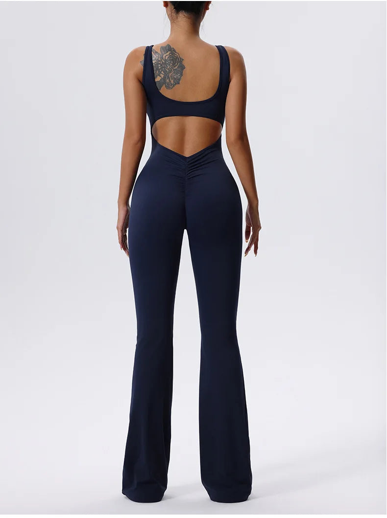 V Back Scrunch Gym Set Women Sport One-Piece Suit Yoga Suit Flared Pants Women Sports Jumpsuit Fitness Rompers Workout Bodysuits