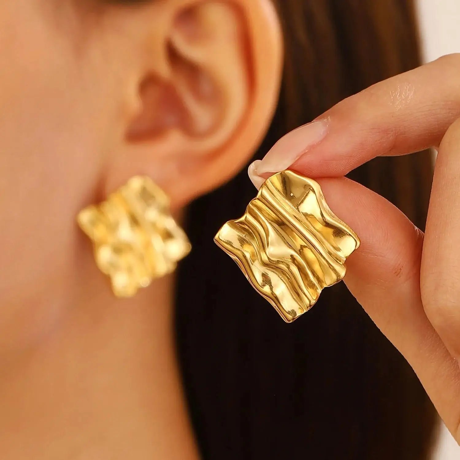 Vintage Pleated Geometric Earrings – Stainless Steel Statement Studs