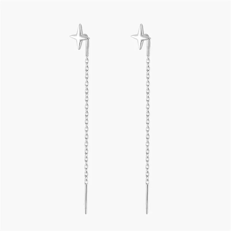 Sterling Silver Star Drop Earrings With Tassel Chain