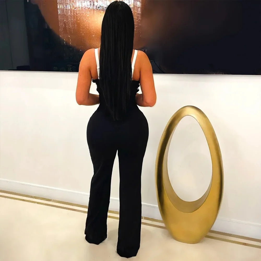 Women V-Neck Backless Wide Leg Straight Sleeveless Jumpsuits Patchwork Sexy One Piece Set Streetwear Outfits