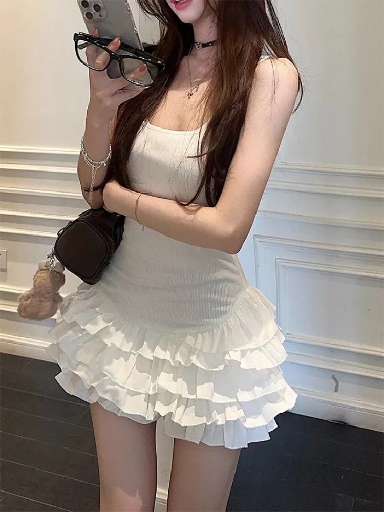 Sexy U-Neck Sleeveless Mini Dresses Fashion Women Summer New White Solid Y2K Ruffle Pleated Cake Bodycon Casual Party Vestidos