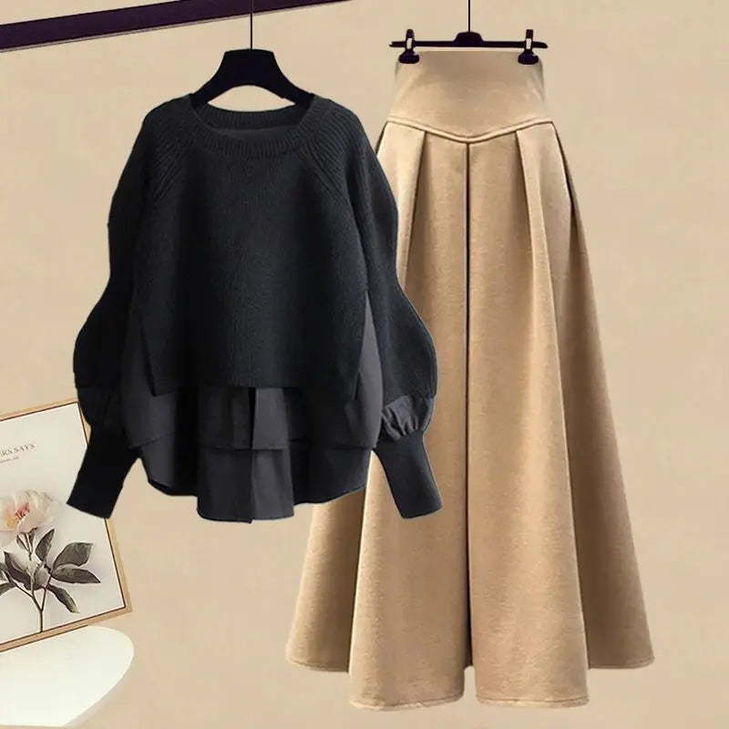 Elegant Splice Pullover Set/Two Piece Knitted Sweater Dress/Matching Chic Pullover Skirt Set.