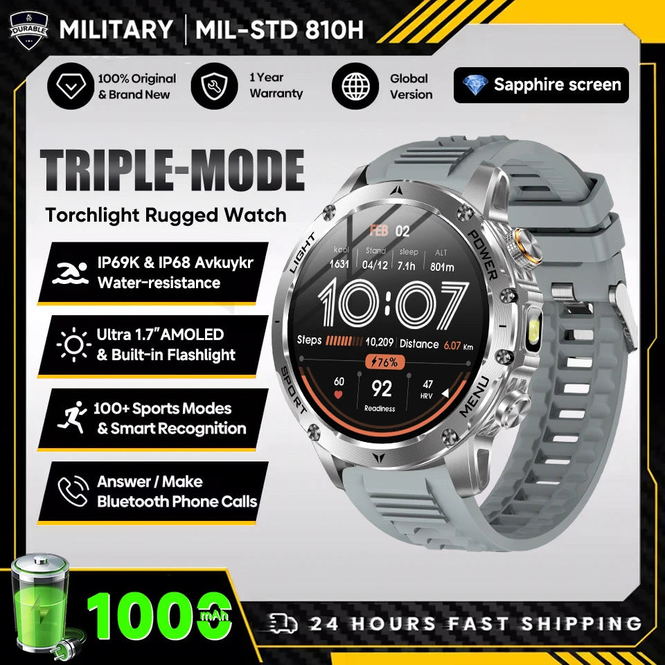 2025 New Military T-Rex 3 Ultra 1000mAh Battery Smart Watch 5ATM Waterproof Flashlight Heart Rate Sports tracker Smartwatch Men