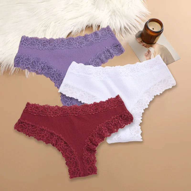 3PCS Women Cotton Lace Panties – Floral Patchwork Soft Briefs, Trendy Intimate Underwear Lingerie S-XL