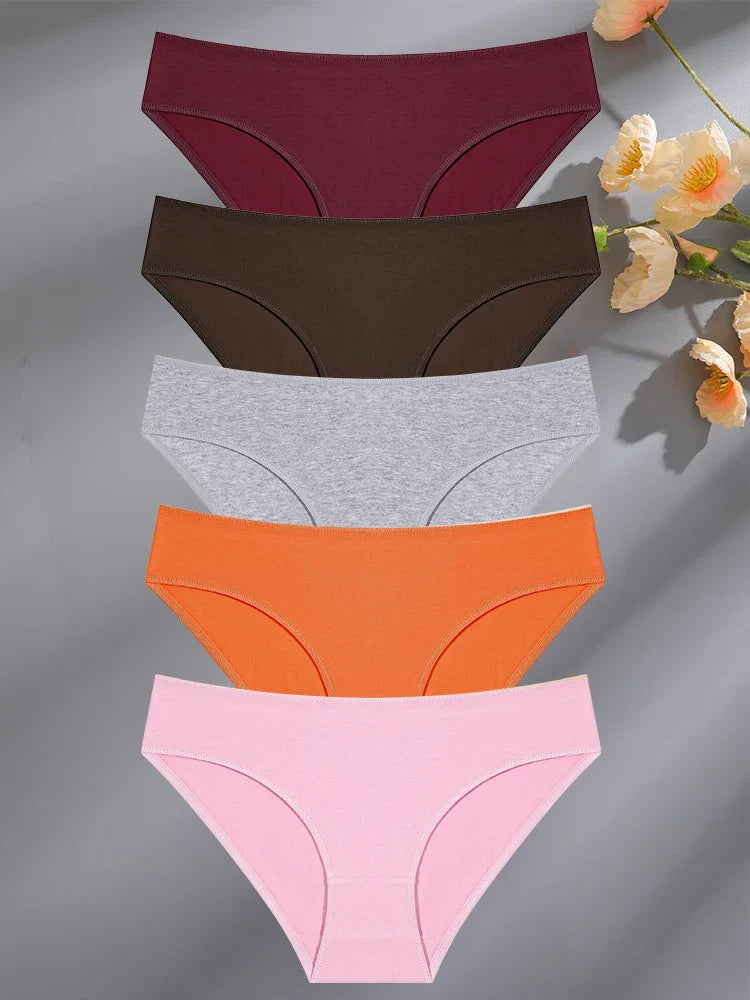 FINETOO 5PCS Set Women's Cotton Lingerie Panties S-XL Sexy Solid Color Underwear Briefs