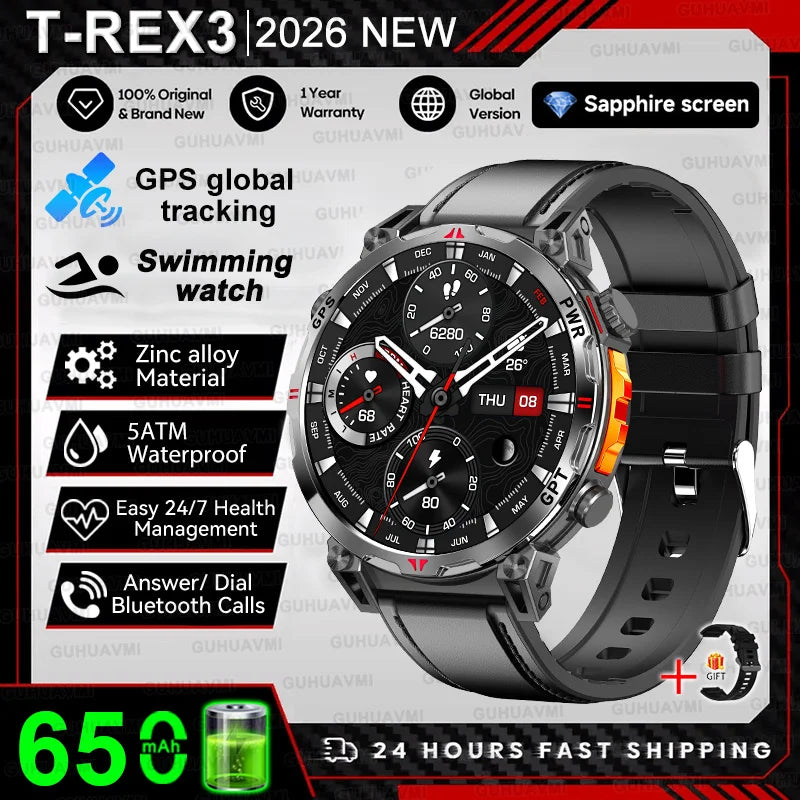 2026 New Military T-Rex 3 Ultra GPS Compass Smart Watch For Outdoor Sports 5ATM Waterproof Heart Rate 650mAh Battery Smart Watch