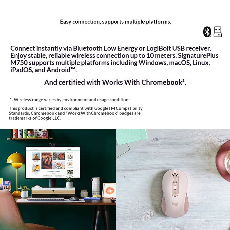 Logitech M750 Wireless Mouse Ergonomic Design Multi-Device Bluetooth & 2.4GHz Silent Click for Office Home PC Laptop