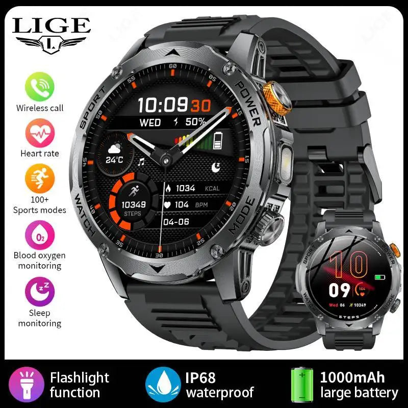 LIGE New Smart Watch Men 1000mAh Large Capacity Battery Outdoor Flashlight Bluetooth Call Waterproof Sport Fitness Smartwatch