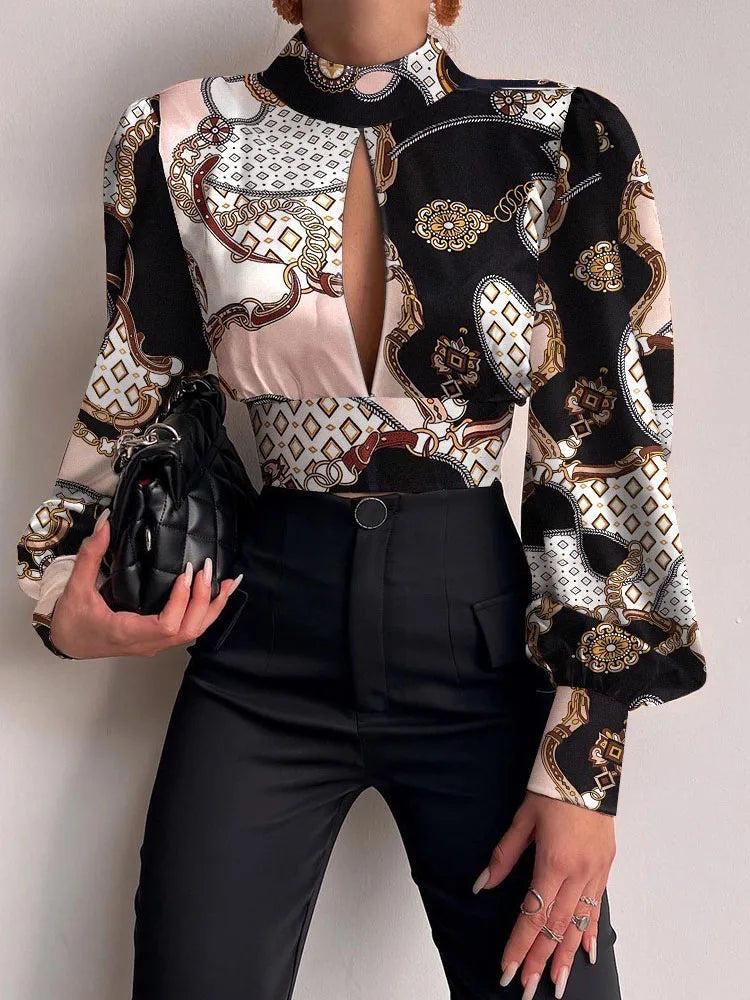 Spring Women Sexy Backless Hollow Print Shirts Tops  Casual Stand Long Sleeve Office Lady Blouses Fashion Party Crop Top
